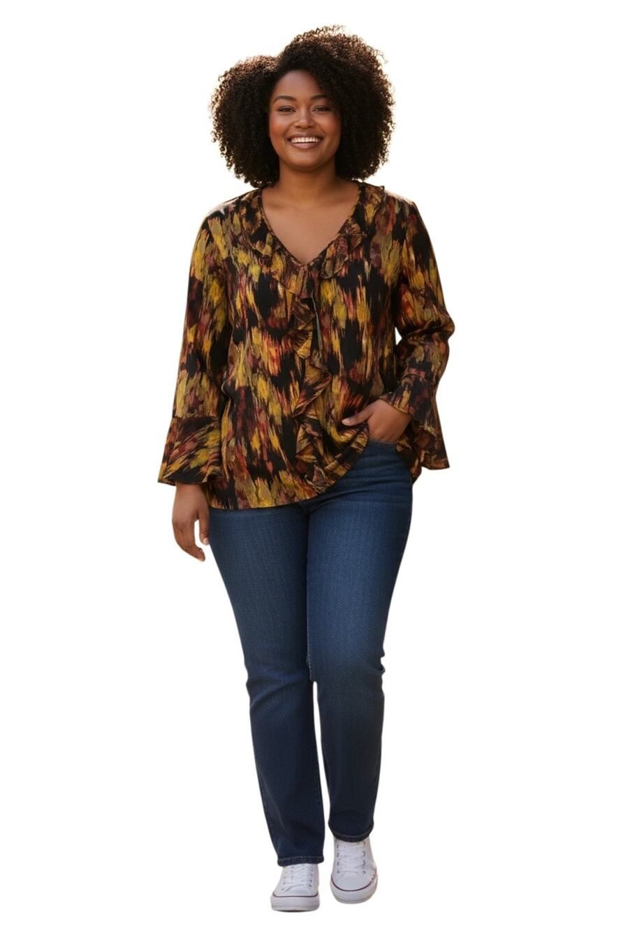 Investments Women’s Riley Woven Cascading Ruffle V-Neck 3/4 Sleeve Multi Top 2X